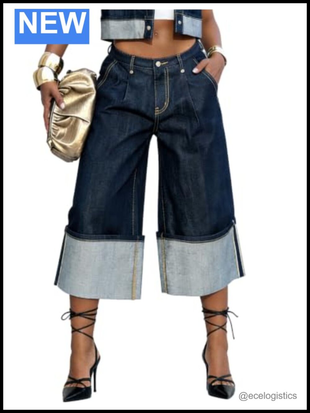 Wide Leg Pleated Capri Jeans High Waisted Cropped Denim Pants